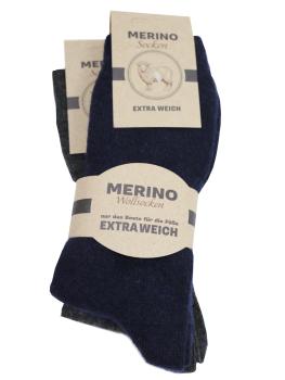 2 Paar Merino Wollsocken Feinstrick, 100% Wolle Blau/Anthrazit